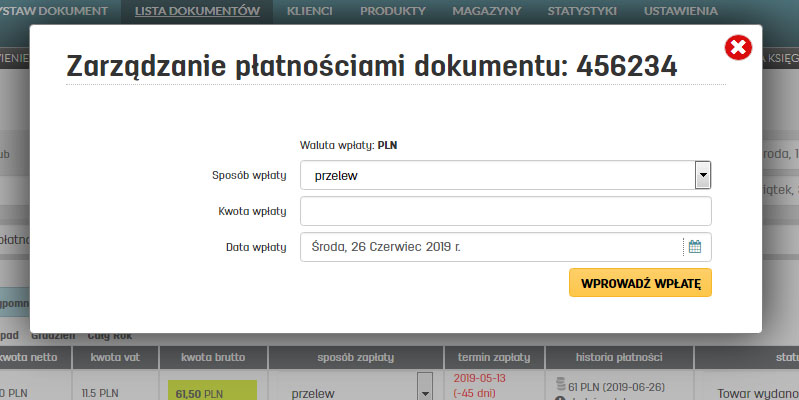 Wprowadzanie częściowej lub całkowitej wpłaty w serwisie do fakturowania faktury.pl