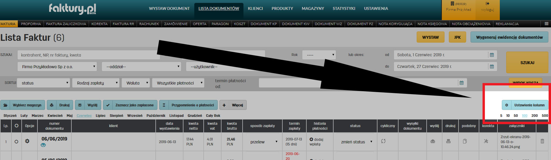 Ustawienie widoku tabeli z listą dokument&oacute;w
