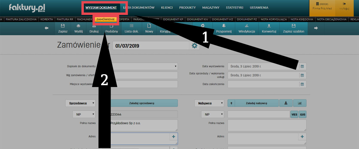 Wystawianie zam&oacute;wienia w programie do faktur online faktury.pl