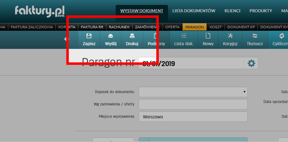 Zapis i wysyłka paragonu w oprogramowaniu faktury.pl