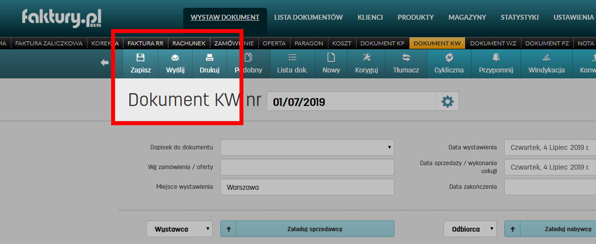 Wystawienie dokumentu KW w oprogramowaniu do faktur online faktury.pl