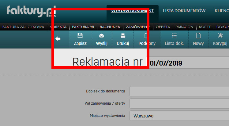Zapis reklamacji w programie faktury.pl