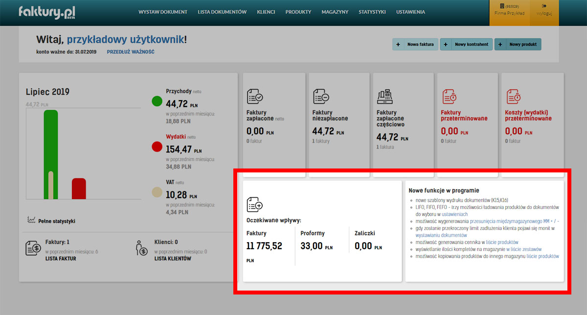 Oczekiwane wpływy z nieopłaconych faktur na faktury.pl