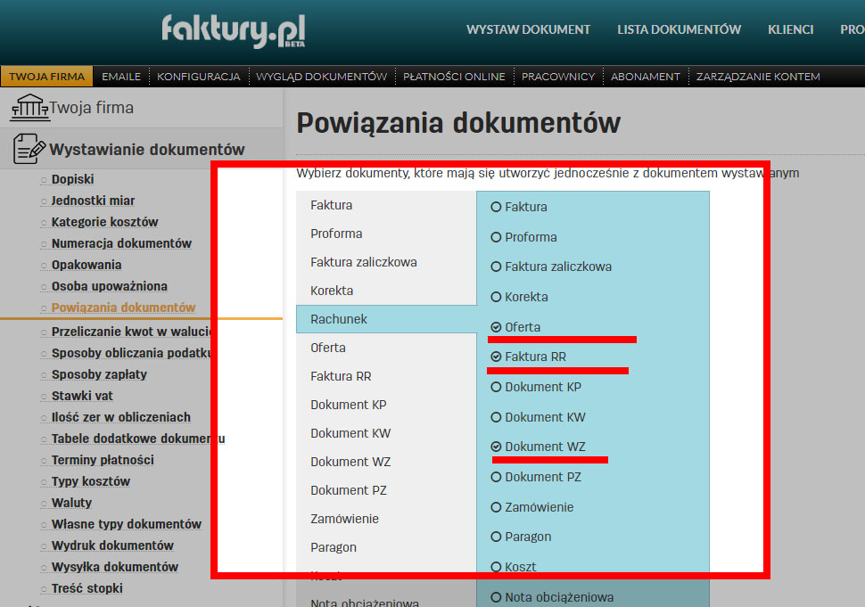 Ustawienia powiązań dokumentów w programie faktury.pl