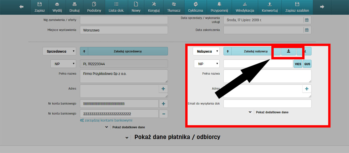 Jak załadować dane nabywcy zapisane w bazie klientów na faktury,.pl