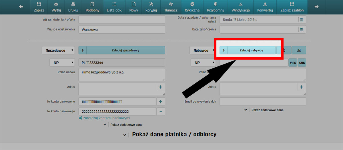 Przycisk Załaduj nabywcę na stronie wystawiania faktury w serwisie do fakturowania faktury.pl