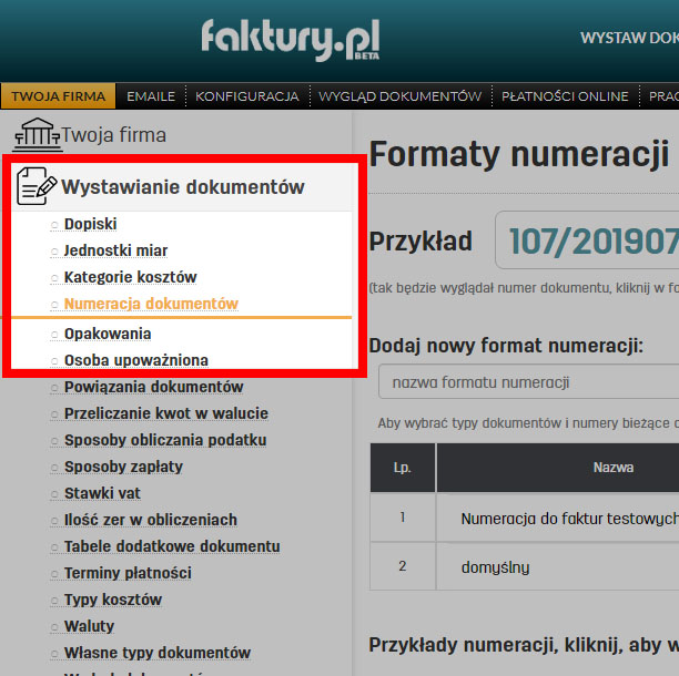 Ustawienia formatów numeracji na faktury.pl