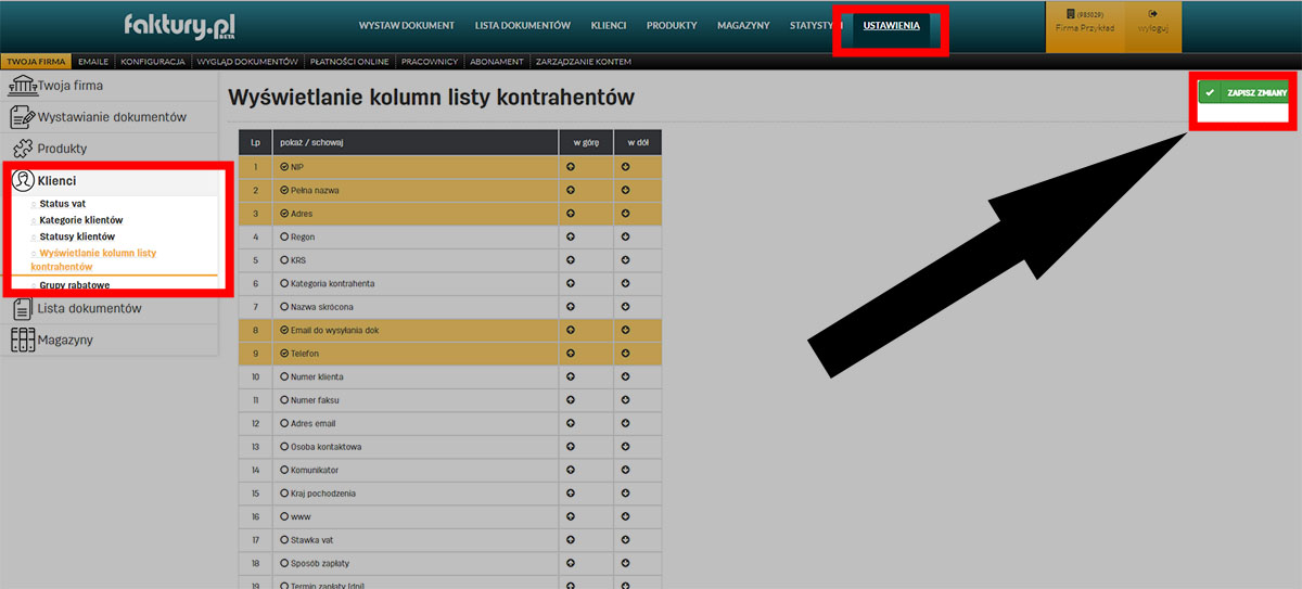 Wyświetlanie kolumn na liście klient&oacute;w w faktury.pl