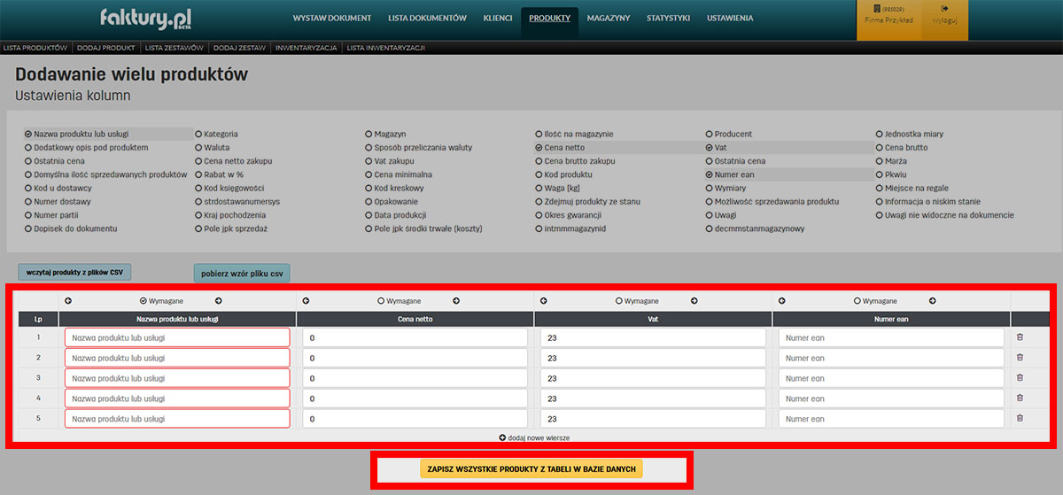 Zapis wielu produkt&oacute;w jednocześnie na faktury.pl