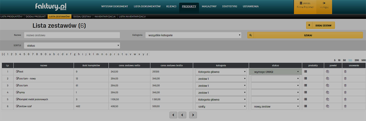 Lista zestaw&oacute;w produkt&oacute;w w programie faktury.pl