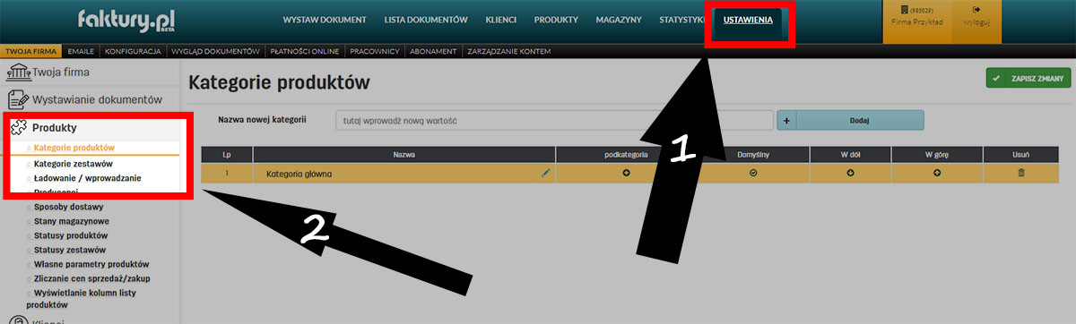 Ustawienia kategorii produktów w serwisie do wystawiania faktur online faktury.pl