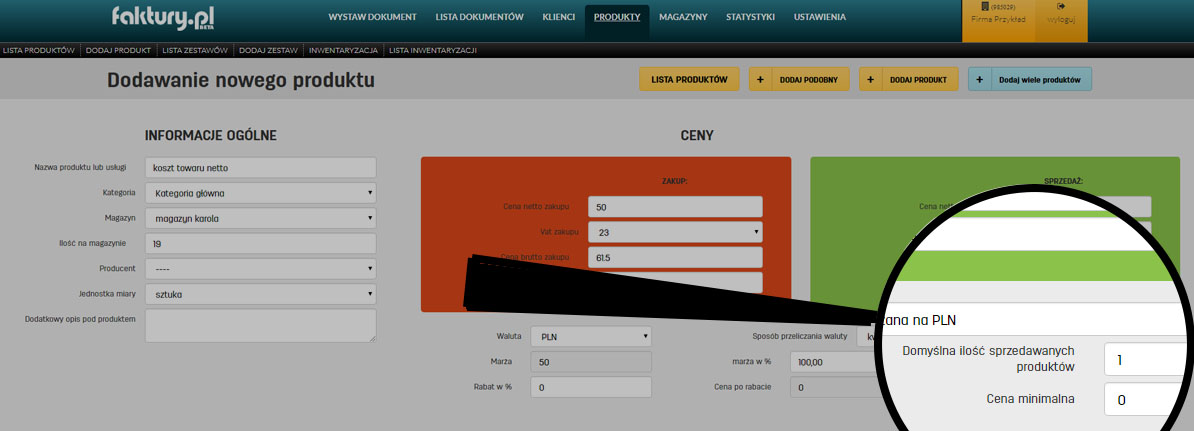 Pole na domyślną ilość sprzedawanych produkt&oacute;w w serwisie faktury.pl