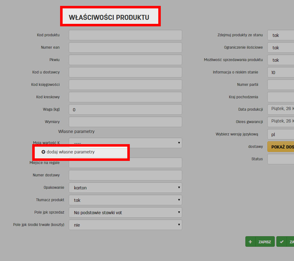 dodawanie własnych parametr&oacute;w dla produkt&oacute;w w faktury.pl