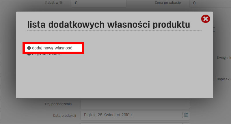 Okno dialogowe własnych parametr&oacute;w produkt&oacute;w