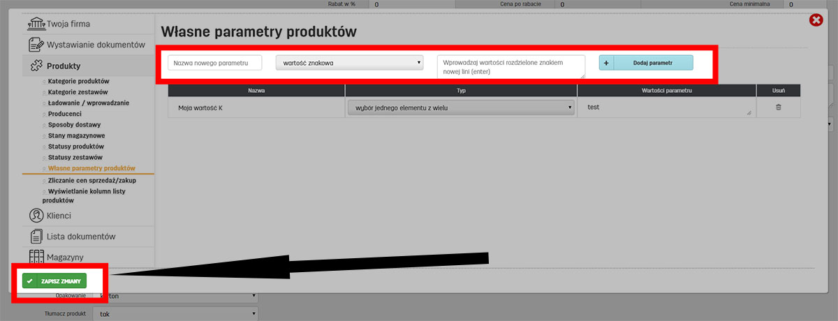 Zapis nowo dodanych właściwości produktu na faktury.pl