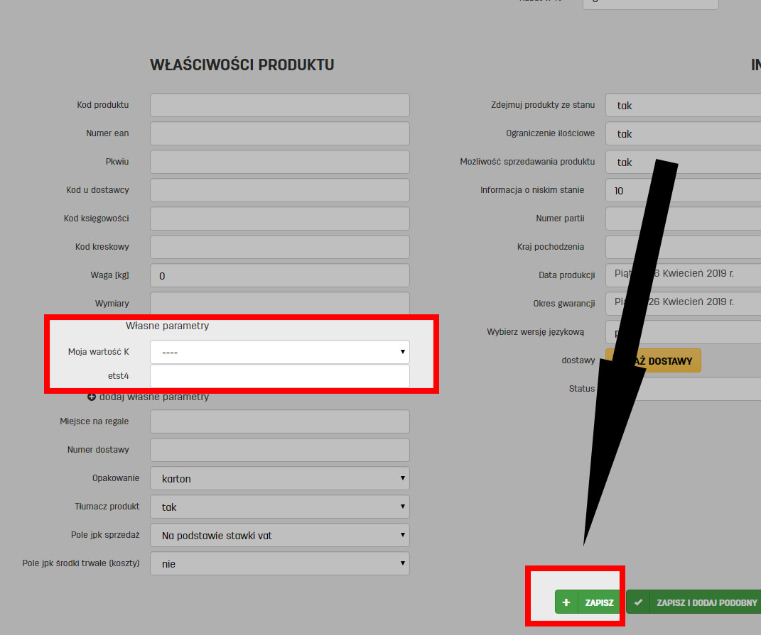 Zapis produktu w programie magazynowym faktury.pl