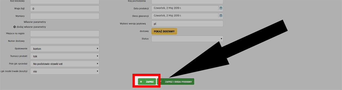 Zapis anych produktu w serwisie do fakturowania faktury.pl