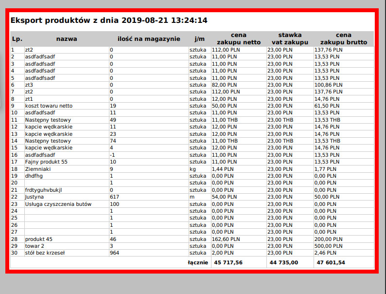 Jak wygląda plik PDF z listą produktów na faktury.pl