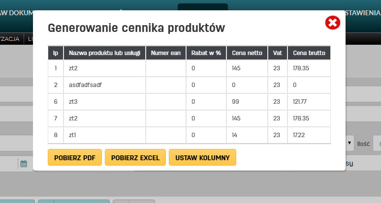 Podgląd cennika produktów w najlepszym serwisie do fakturowania online faktury.pl