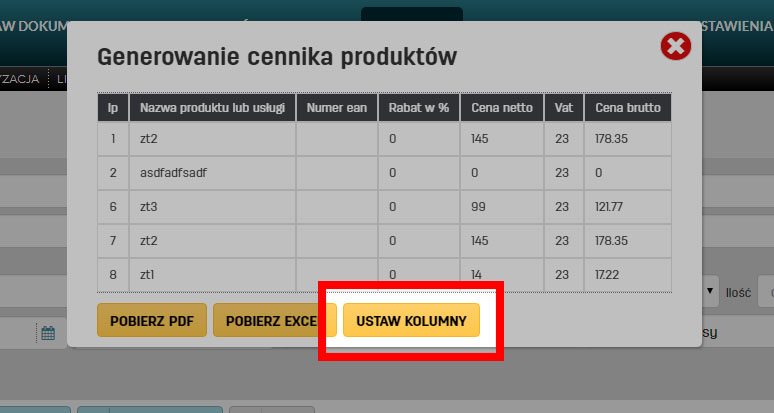 Pobierani pliku z cennikiem produktów w serwisie do fakturowania faktury.pl 
