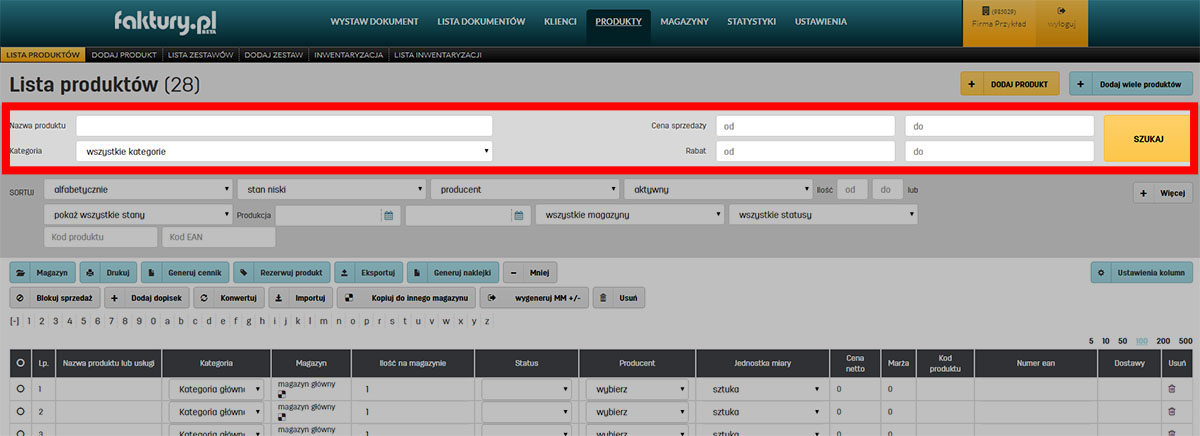Filtry na liście produktów w programie magazynowym faktury.pl