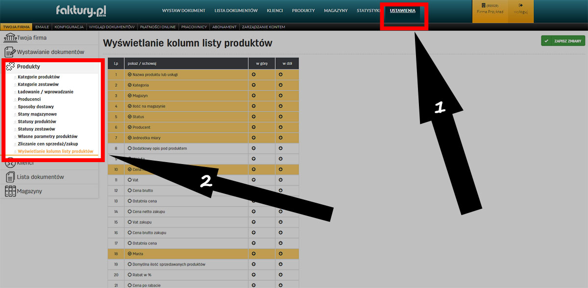 Ustawienia wyświetlania listy produkt&oacute;w na faktury.pl