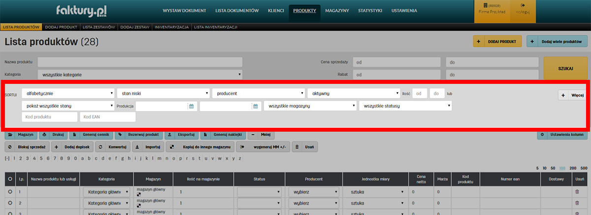 Sortowanie danych na liście z produktami w programie do faktur online faktury.pl