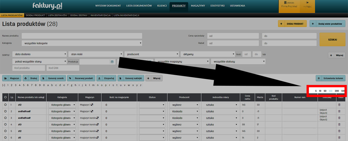 Ilość wyświetlanych produkt&oacute;w w tabeli w serwisie faktury.pl