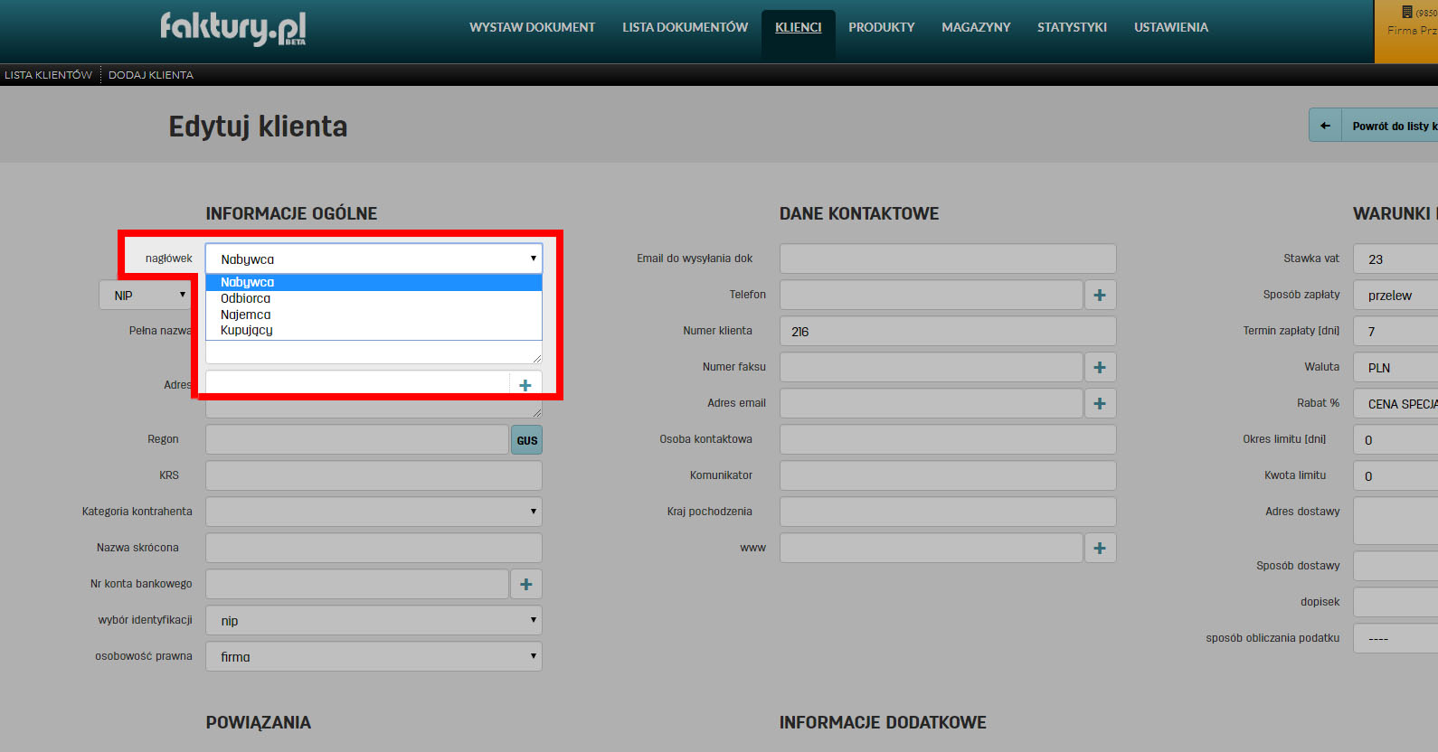 Nagł&oacute;wki dostępne dla kontrahenta na stronie edycji jego danych w faktury.pl