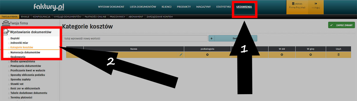 Kategorie dokument&oacute;w kosztowych w oprogramowaniu do fakturowania faktury.pl
