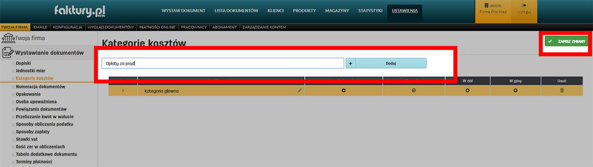 Tworzenie własnych kategorii koszt&oacute;w w programie faktury.pl