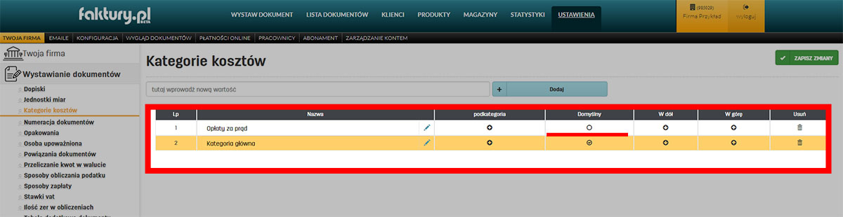 Domyślne kategorie koszt&oacute;w w programie do fakturowania faktury.pl