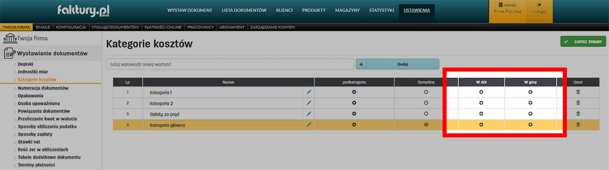 Lista kategorii koszt&oacute;w w faktury.pl