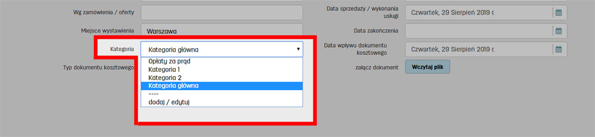 Kategorie koszt&oacute;w w serwisie do fakturowania faktury.pl