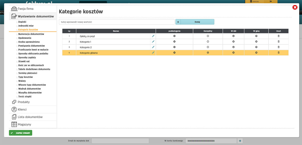 Ustawienia kategorii koszt&oacute;w w programie faktury.pl