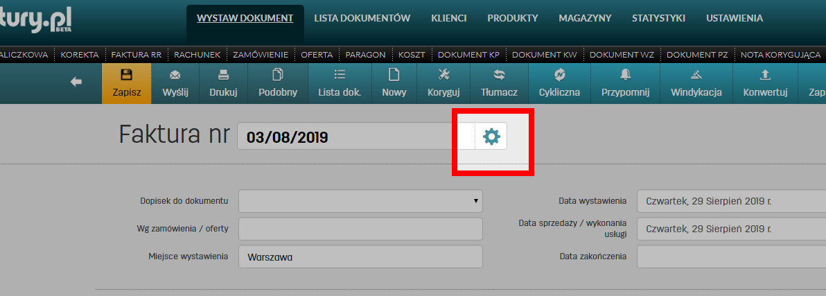 Ustawienia numeracji faktur w serwisie faktury.pl