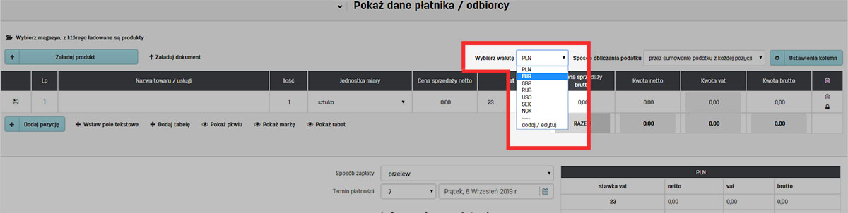 Własne waluty w programie do fakturowania online faktury.pl