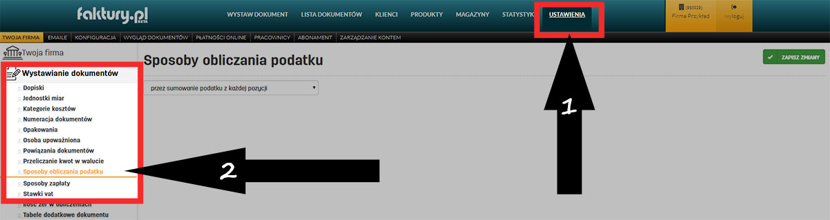 Ustawienia obliczania podatku na wystawianych dokumentach