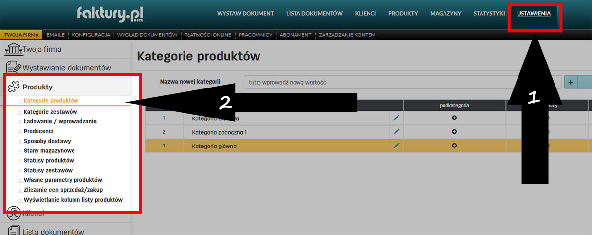 Ustawienia kategorii produkt&oacute;w w serwisie faktury.pl