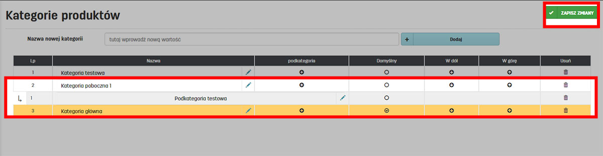 Tabela kategorii produkt&oacute;w w serwisie faktury.pl