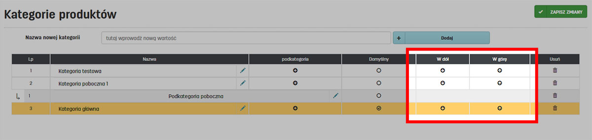 Kolejność kategorii produkt&oacute;w na liście