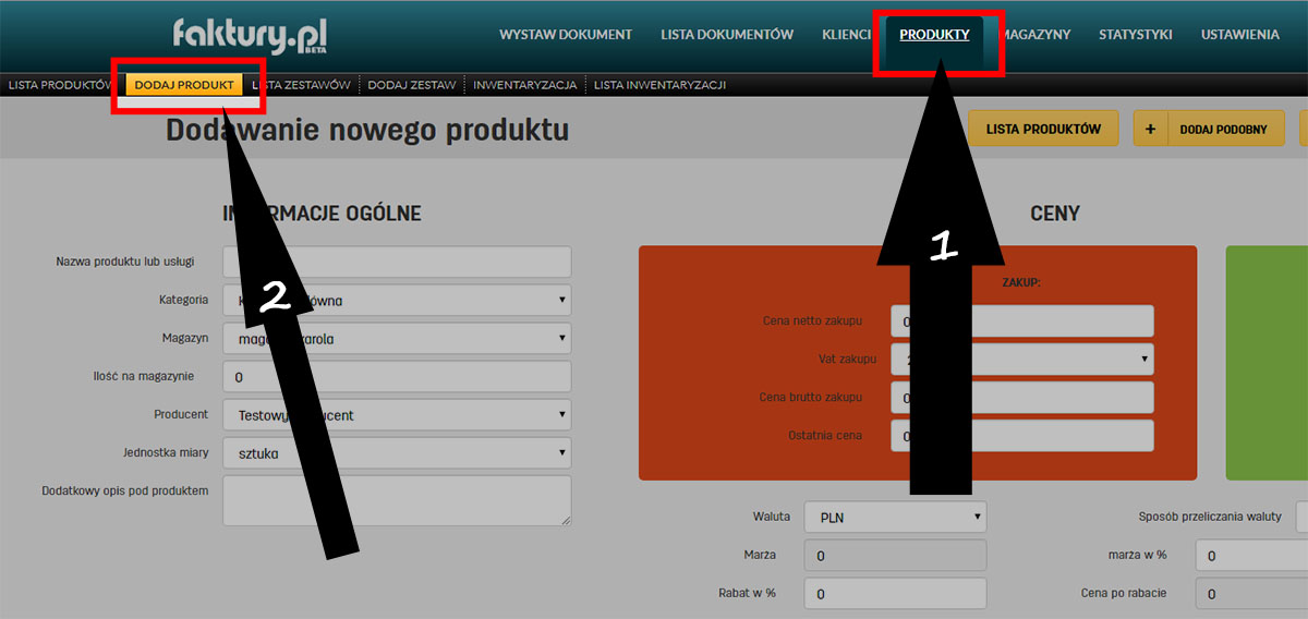 Dodawanie kategorii na stronie dodawania produktu