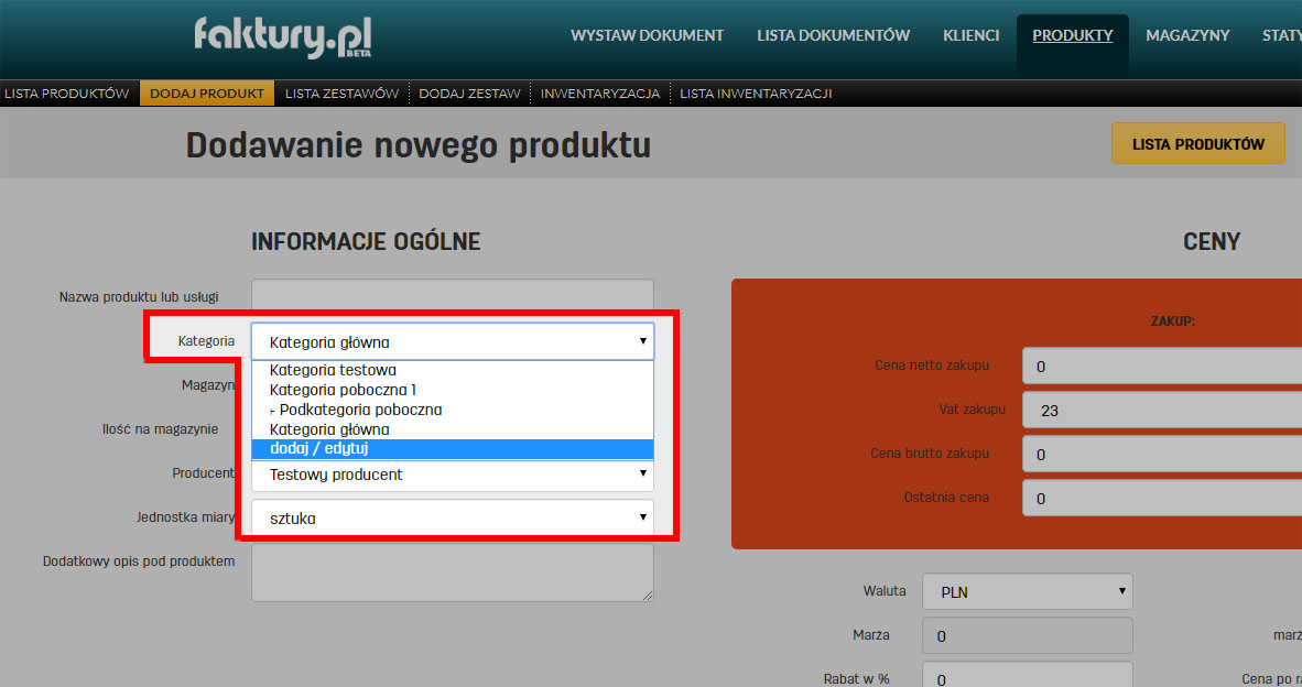 Wyb&oacute;r kategorii dla produktu na stronie dodawania produktu