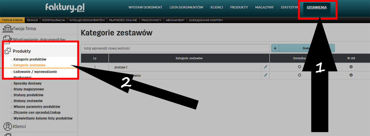 Ustawienia - Kategorie zestaw&oacute;w w faktury.pl