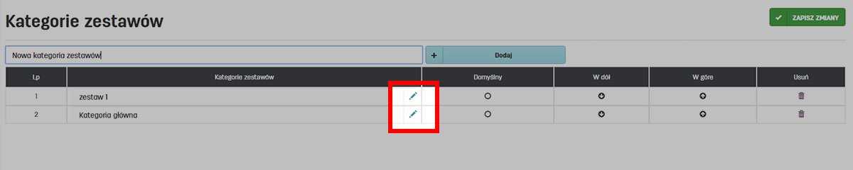 Edycja kategorii zestaw&oacute;w w programie do faktur online faktury.pl