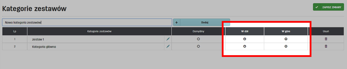 Kolejność kategorii zestaw&oacute;w na liście