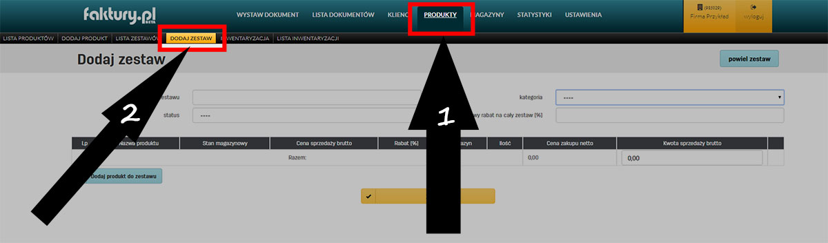 Dodawanie zestawu produkt&oacute;w w programie faktury.pl