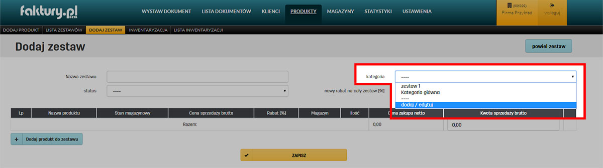 Wyb&oacute;r kategorii dla zestawu produkt&oacute;w