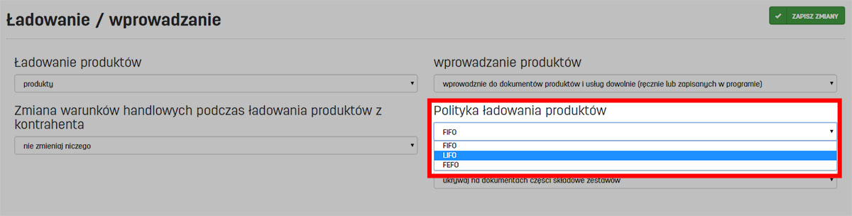 Ustawienia polityki ładowania produktów w programie faktury.pl