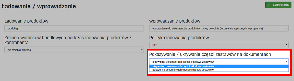 Pokazywanie / ukrywanie części zestawi=&oacute;w na dokumentach